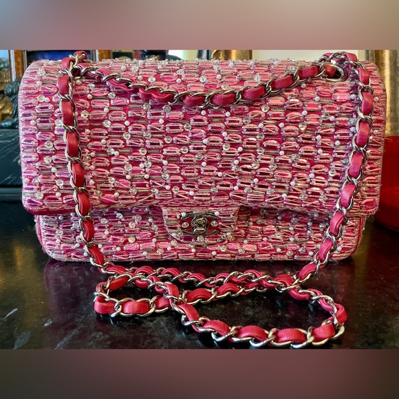 CHANEL Pink Beaded Satin and Pearl medium classic double flap Bag - Picture 11 of 11